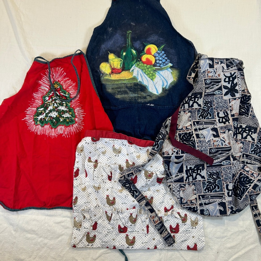 Lot of 4 Vintage Apron Liz Lauter Denim Cackleberry Home Egg Apron Christmas